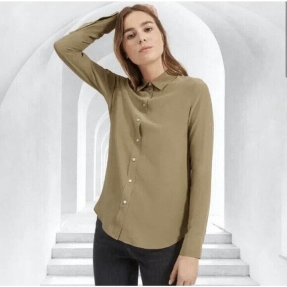 Everlane Women’s Size 6 Button Up Shirt 100% Silk Olive Green Career Office M15 - Picture 2 of 8